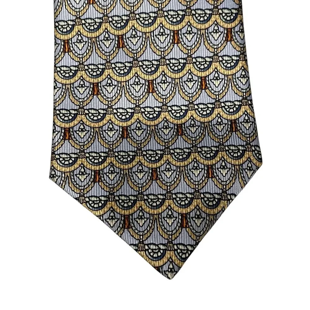ROCHAS Men's 100% Silk Necktie LUXURY Tie Navy Gold Blue Rope Floral W:3.7